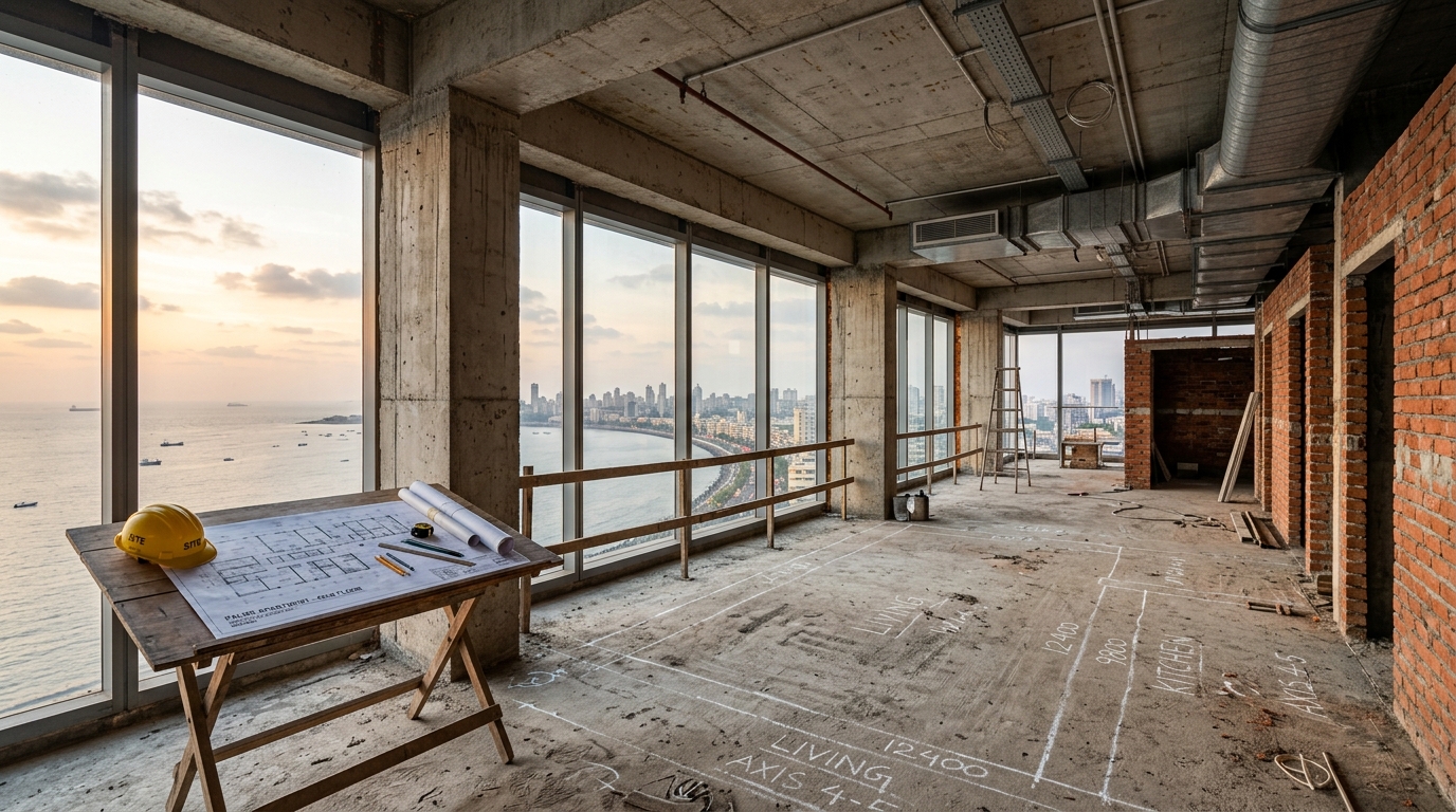 Architectural drafting desk with blueprints, spatial floorplans, and chalk layouts