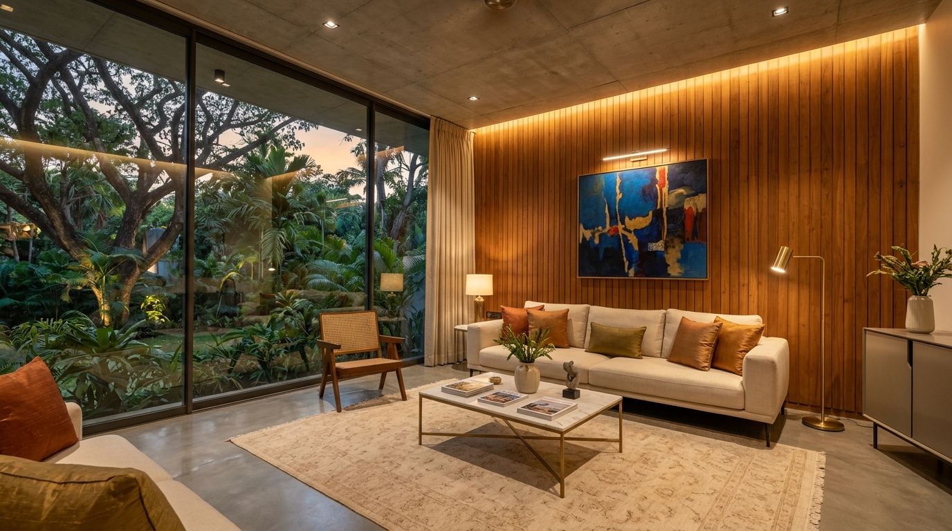 Contemporary luxury architectural villa in Bengaluru surrounded by mature rain trees