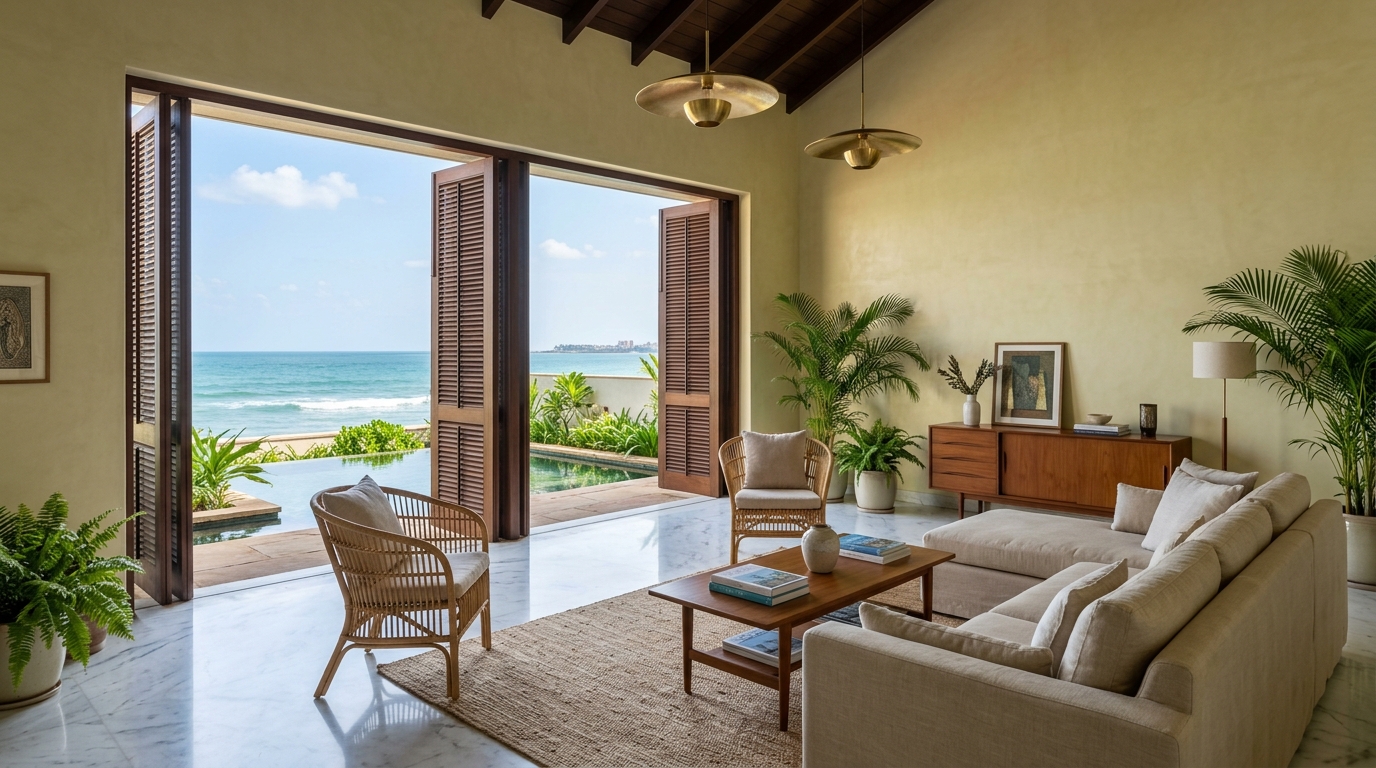 High-end modern coastal luxury residence living room in Chennai near the ocean