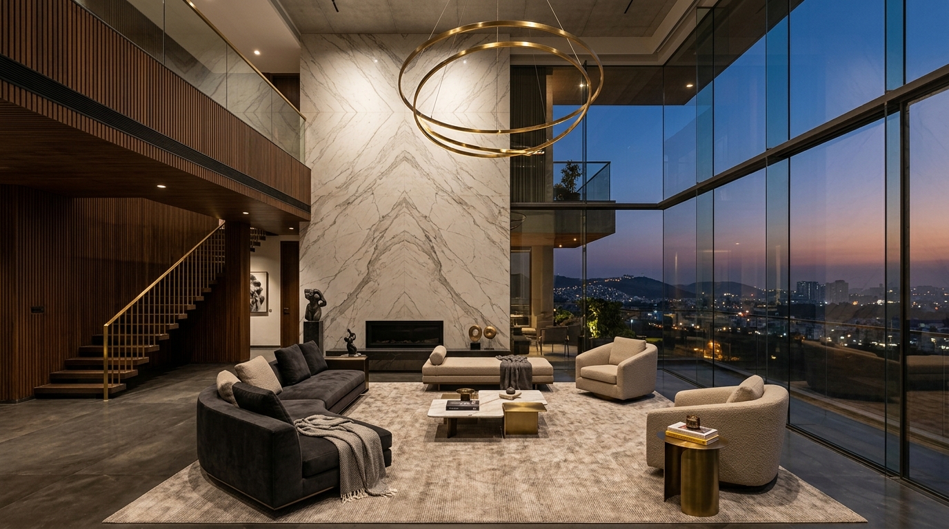 Double-height grand living room inside a luxury residence in Jubilee Hills Hyderabad