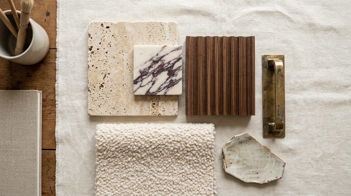 Curated tactile marble stone, seasoned teakwood, and polished brass hardware samples